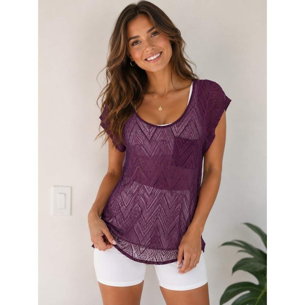 PrAna Women Sz M Purple Sheer Zig‎ Zag Top Pocket Outdoor Yoga Gorpcore Sporty